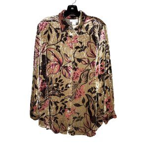 Vintage 90's Soft Surroundings Women's Pink/Green Velvet Floral Blouse Size M